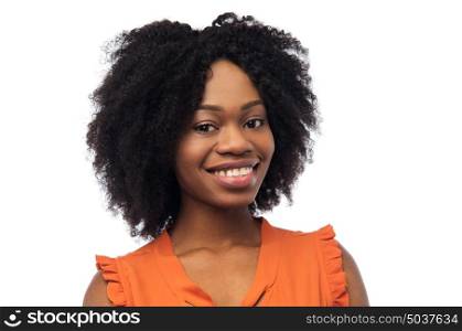 people, race, ethnicity and portrait concept - happy african american young woman over white. happy african american young woman over white