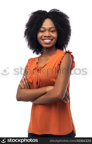 people, race, ethnicity and portrait concept - happy african american young woman over white. happy african american young woman over white. happy african american young woman over white