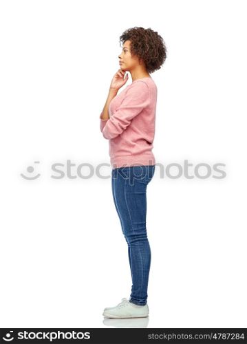 people, race, ethnicity and portrait concept - thinking african american young woman over white