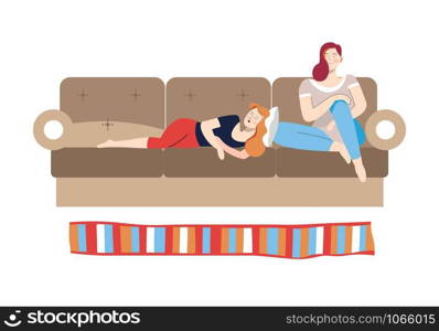 People relaxing on weekdays female friends on couch vector lady sleeping taking nap on sofa woman sitting in living room home atmosphere relaxation of girlfriends house interior with carpet on floor.. People relaxing on weekdays female friends on couch