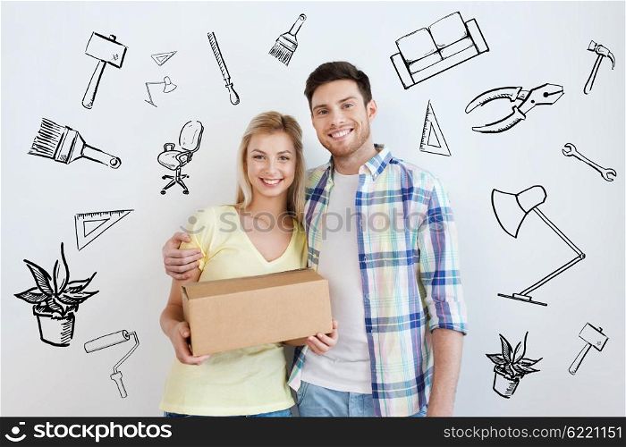 people, repair, mail, shipping and moving concept - smiling couple with cardboard box over doodles