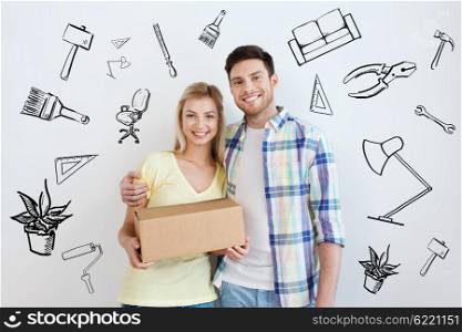 people, repair, mail, shipping and moving concept - smiling couple with cardboard box over doodles