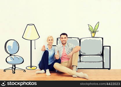 people, repair, moving in, interior and real estate concept - happy couple sitting on floor and showing thumbs up at new home over furniture cartoon or sketch background