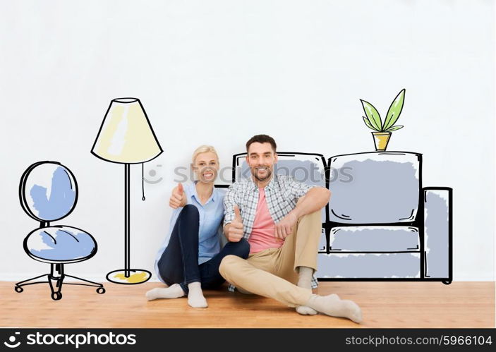 people, repair, moving in, interior and real estate concept - happy couple sitting on floor and showing thumbs up at new home over furniture cartoon or sketch background