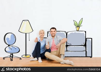 people, repair, moving in, interior and real estate concept - happy couple sitting on floor and showing thumbs up at new home over furniture cartoon or sketch background