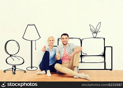 people, repair, moving in, interior and real estate concept - happy couple sitting on floor and showing thumbs up at new home over furniture cartoon or sketch background