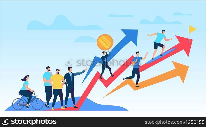 People Running Up Growing Red Graph Arrow Directed with Business Man Advisor or Trainer. Men and Women Watching on Competition. Path to Success in Financial World. Cartoon Flat Vector Illustration.. People Running Up Growing Red Graph Arrow