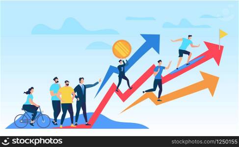 People Running Up Growing Red Graph Arrow Directed with Business Man Advisor or Trainer. Men and Women Watching on Competition. Path to Success in Financial World. Cartoon Flat Vector Illustration.. People Running Up Growing Red Graph Arrow