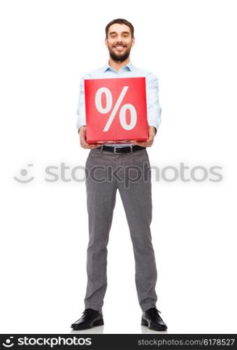 people, sale, shopping, discount and holidays concept - smiling man holding red percentage sign