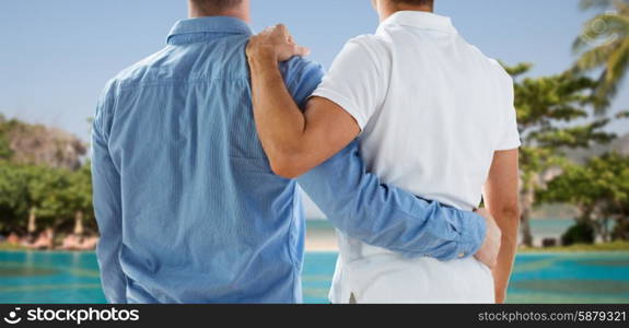 people, same-sex marriage, honeymoon, travel and vacation concept - close up of happy male gay couple or friends hugging from back over exotic resort beach background