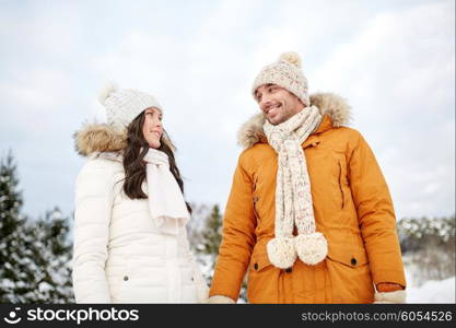 people, season, love and leisure concept - happy couple walking over winter background