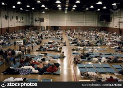 People seek shelter in a high school gymnasium, hoping to stay safe until the hurricane storm passes. The gym is filled with cots and blankets, as families huddle together, anxiously waiting for the storm to subside. Generative AI.. People seeking shelter in a high school gymnasium during hurricane