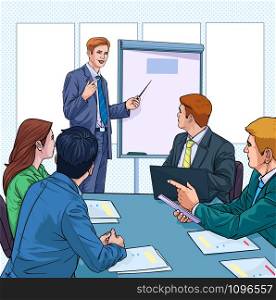 People sitting and listening to the meeting Business people meeting at the company Illustration vector On pop art comics style Board background
