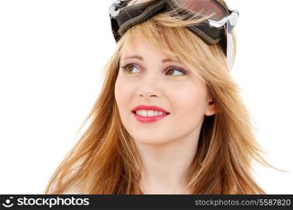 people, sports and happiness concept - smiling teenage girl in snowboard goggles