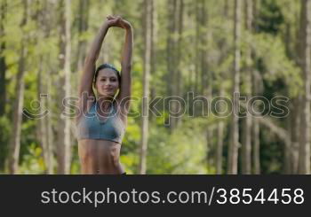 People, sports and healthy lifestyle, young woman smiling and stretching after working out. Part 7 of 7