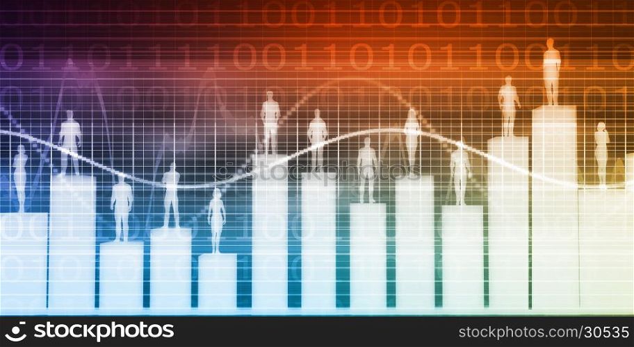 People Standing on a Bar Chart with Different Levels. People Standing on a Bar Chart