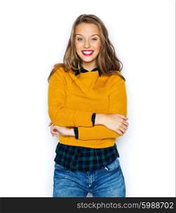 people, style and fashion concept - happy young woman or teen girl in casual clothes