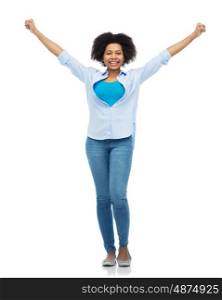 people, success and portrait concept - happy african american young woman with raised fists over white