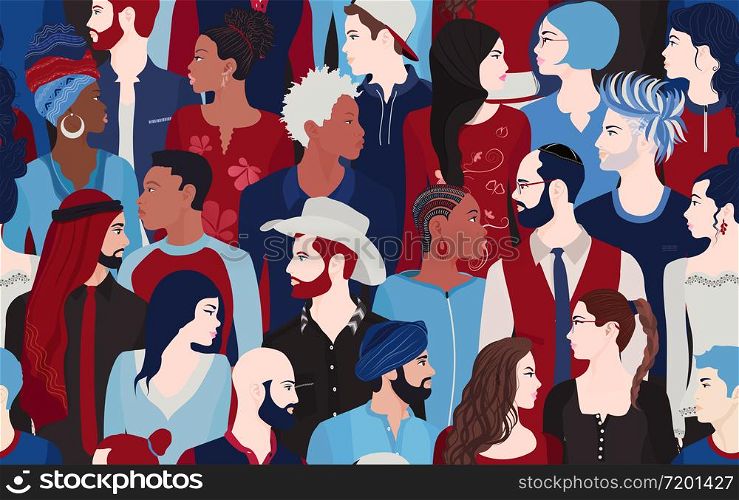 People talking and diversity seamless pattern. Communication dialogue and connection between Crowd of diverse multiethnic and multicultural people. Community. Social network. Inform