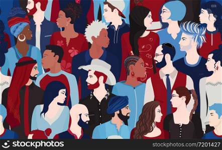 People talking and diversity seamless pattern. Communication dialogue and connection between Crowd of diverse multiethnic and multicultural people. Community. Social network. Inform