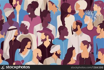 People talking diversity. Seamless pattern. Communication dialogue and connection between Crowd diverse multiethnic and multicultural people. Community. Social network. Inform. Solidarity