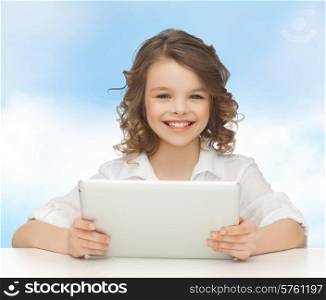 people, technology and children concept - happy smiling girl with tablet pc computer over blue sky background
