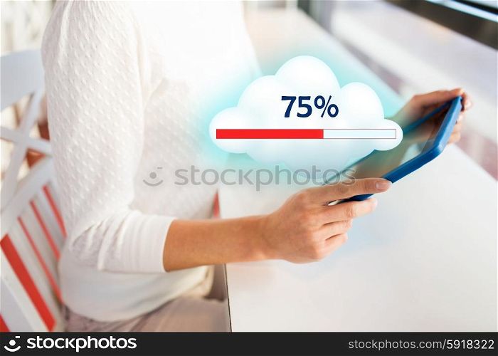 people, technology and cloud computing concept - close up of woman with tablet pc computer sharing or uploading files at office or home