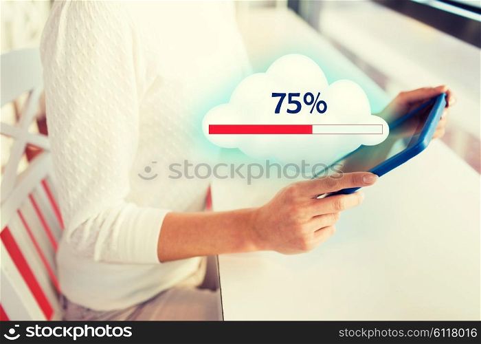 people, technology and cloud computing concept - close up of woman with tablet pc computer sharing or uploading files at office or home