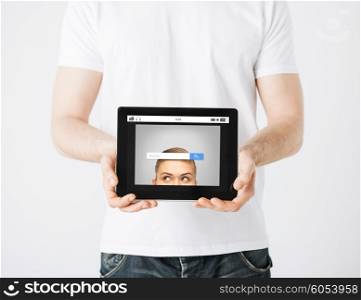 people, technology and internet concept - close up of man with web browser search bar tablet pc computer screen