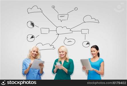 people, technology, cloud computing, communication and leisure concept - happy women with smartphone and tablet pc computers with scheme over gray background