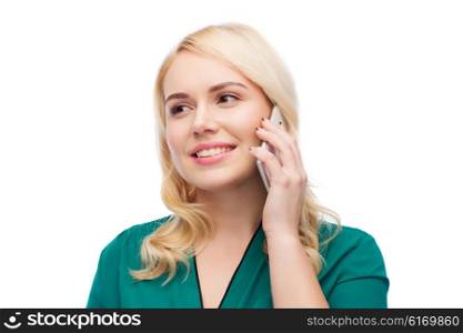 people, technology, communication and leisure concept - happy young woman calling on smartphone