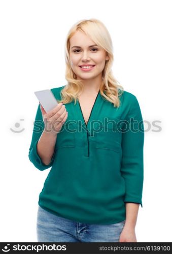 people, technology, communication and leisure concept - happy young woman with smartphone