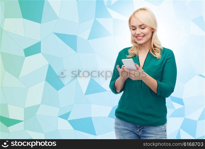 people, technology, communication and leisure concept - happy young woman with smartphone texting message over blue low poly background