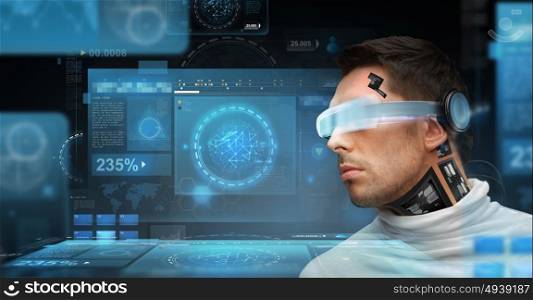 people, technology, future and progress - man with 3d glasses and microchip implant or sensors with virtual screens over dark background. man with futuristic glasses and sensors