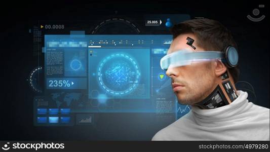 people, technology, future and progress - man with 3d glasses and microchip implant or sensors with virtual screens over dark background. man with futuristic glasses and sensors
