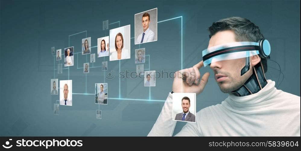 people, technology, future and progress - man with futuristic 3d glasses and microchip implant or sensors over blue background with network contacts icons