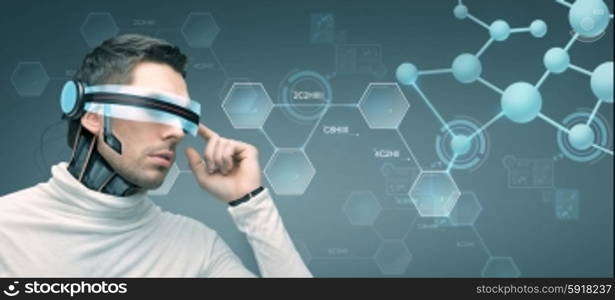 people, technology, future and progress - man with futuristic 3d glasses and microchip implant or sensors over gray background and molecules with chemical formulas