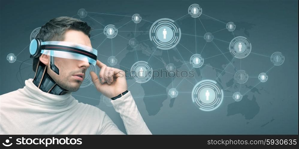 people, technology, future and progress - man with futuristic 3d glasses and microchip implant or sensors over blue background with world map and network contacts icons