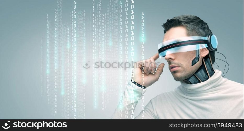 people, technology, future and progress - man with futuristic 3d glasses and microchip implant or sensors over gray background over binary system code