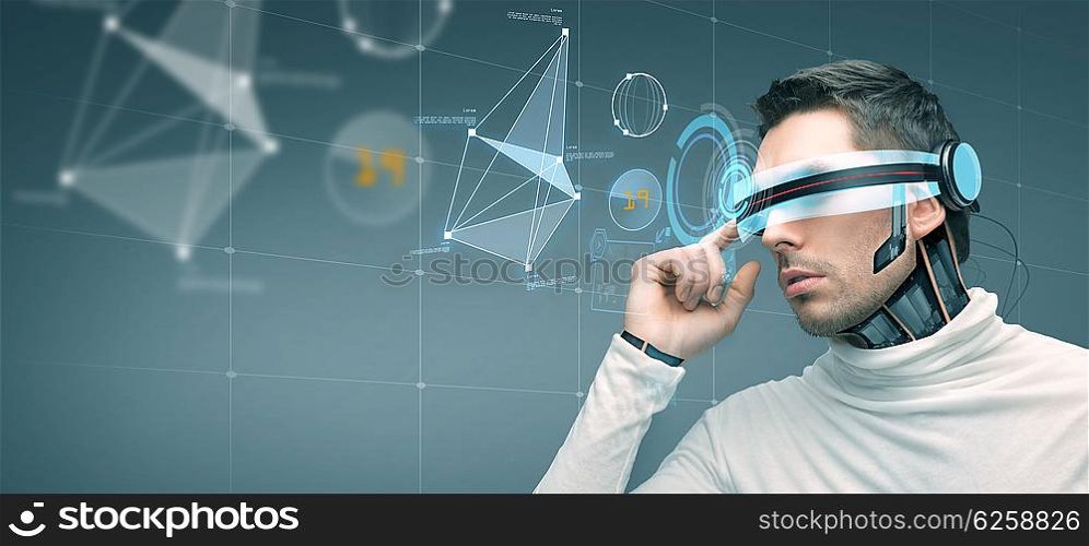 people, technology, future and progress - man with futuristic 3d glasses and microchip implant or sensors over gray background with virtual screen