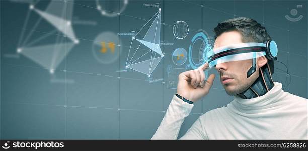 people, technology, future and progress - man with futuristic 3d glasses and microchip implant or sensors over gray background with virtual screen