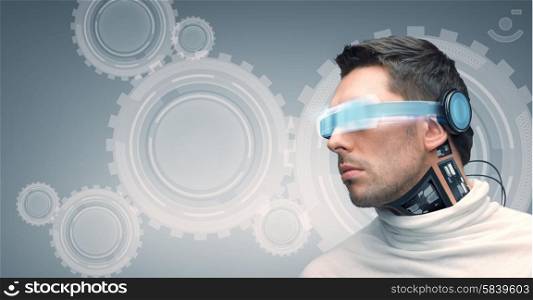 people, technology, future and progress - man with futuristic glasses and microchip implant or sensors over gray background with cogwheel mechanism projection