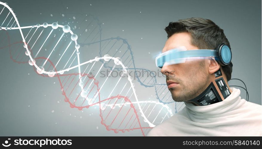 people, technology, future and progress - man with futuristic glasses and microchip implant or sensors over gray background and dna molecules