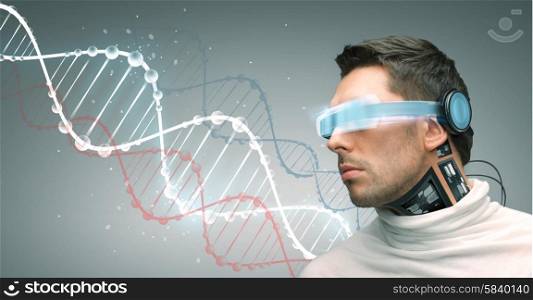 people, technology, future and progress - man with futuristic glasses and microchip implant or sensors over gray background and dna molecules