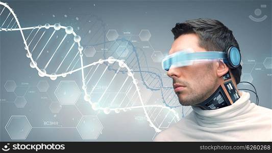 people, technology, future and progress - man with futuristic glasses and microchip implant or sensors over gray background and dna molecules with chemical formulas