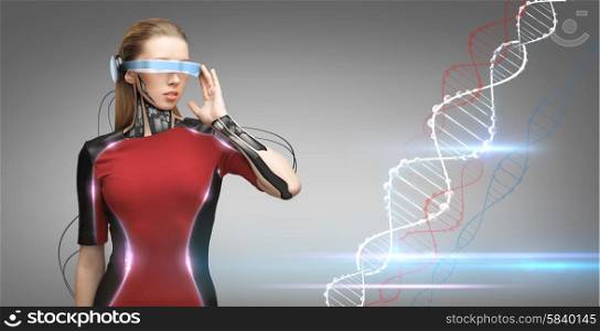 people, technology, future and progress - young woman with futuristic glasses and microchip implant or sensors over gray background with dna molecule formula