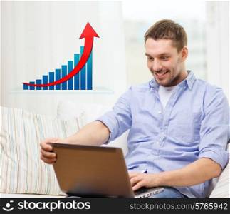 people, technology, statistics and business concept - smiling man with laptop computer and growth chart sitting on sofa at home
