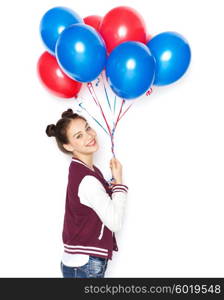 people, teens, holidays and party concept - happy smiling pretty teenage girl with helium balloons