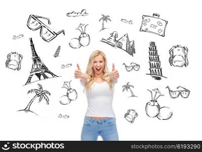 people, tourism, vacation and summer holidays concept - happy smiling young woman or teenage girl in white t-shirt showing thumbs up with both hands over touristic doodles