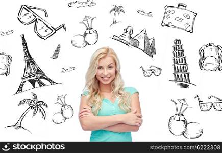 people, tourism, vacation and summer holidays concept - happy smiling young woman or teenage girl over touristic doodles
